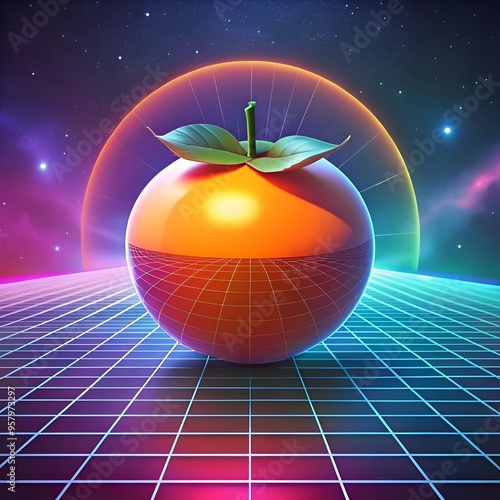 A vibrant. retro futuristic 3D illustration of a persimmon on a neon grid background.