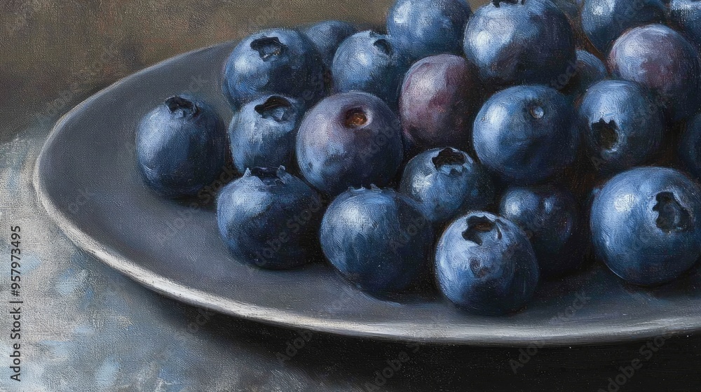 Close up oil painting featuring large fresh blueberries resting on a gray plate Close up oil painting featuring large fresh blueberries resting on a gray plate