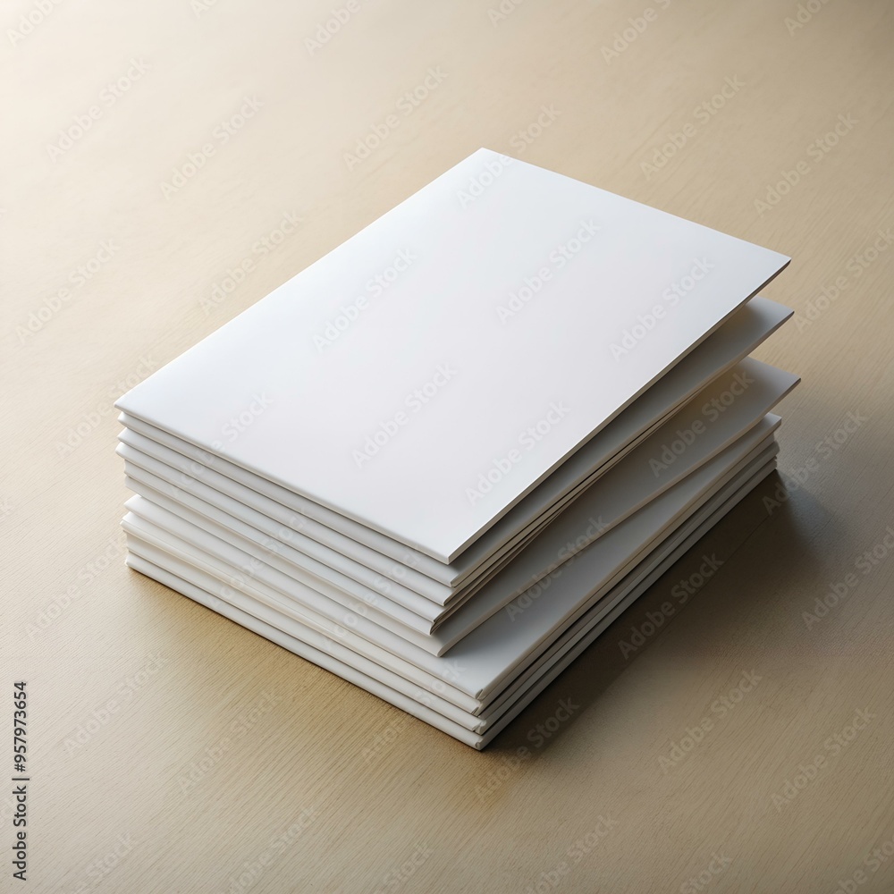 A clean and simple image of a stack of blank brochures on a light wood surface. A clean and simple image of a stack of blank brochures on a light wood surface.