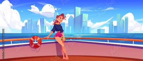 Happy smiling young woman with book in hands standing on wooden deck of yacht or cruise ship in sea or river with city skyscraper buildings on horizon. Cartoon vector girl on summer vacation trip.