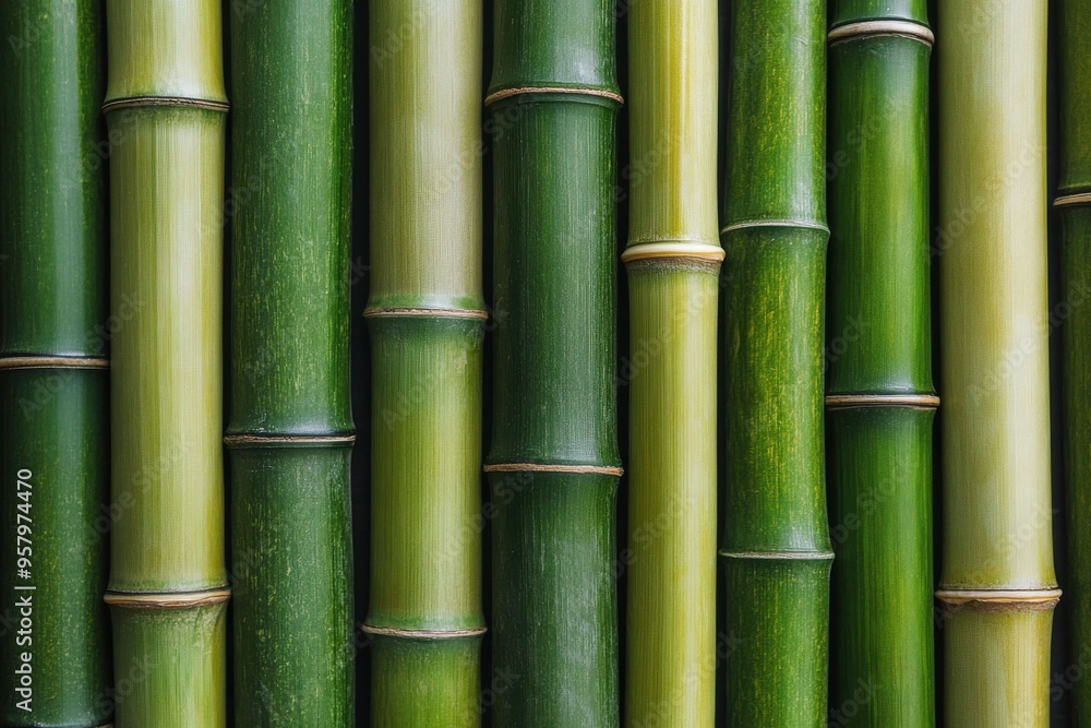 Close-up of bamboo stalks arranged vertically, displaying their natural green texture and unique Close-up of bamboo stalks arranged vertically, displaying their natural green texture and unique