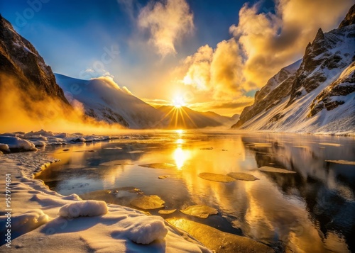 Morning mist wraps around the icy shores of Lake Vostok as the sun rises, casting a warm golden light on the frozen landscape.