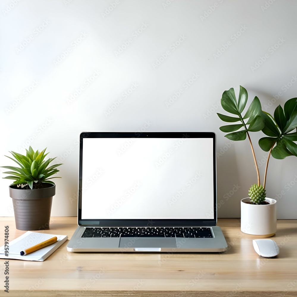 Minimalist workspace with a blank laptop screen. a plant. and a mouse on a wooden desk. Minimalist workspace with a blank laptop screen. a plant. and a mouse on a wooden desk.