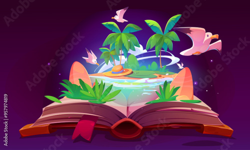Open magic book with fairytale scene on paper pages - tropical island with clear water, hat on sand beach, palm trees and seagulls in sky. Cartoon vector fantasy imagine story on sheets of literature.