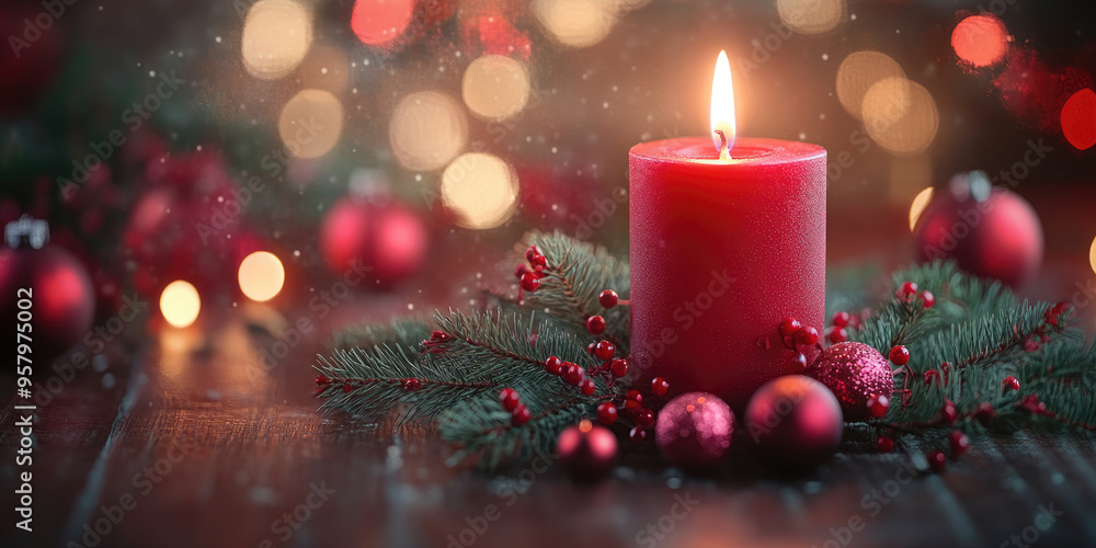 Red candle with Christmas branches on wooden background and golden bokeh background. Banner. Copy space. Red candle with Christmas branches on wooden background and golden bokeh background. Banner. Copy space.
