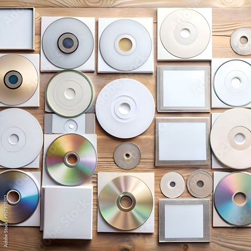 A flat lay of various blank CDs and DVDs on a wooden background.