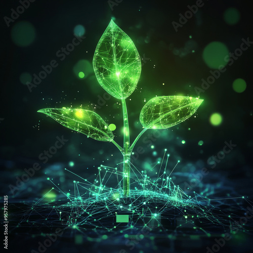 A vibrant green plant sprouting from an array of interconnected data points, symbolizing the growth and development in digital marketing