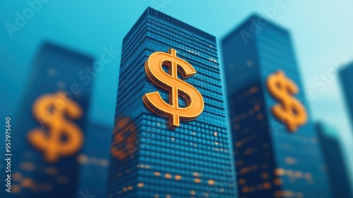 Financial District Heights: 3D Dollar Signs in Investment Banking Skyscrapers with Copy Space, Selective Focus, Ultra HD Illustration photo