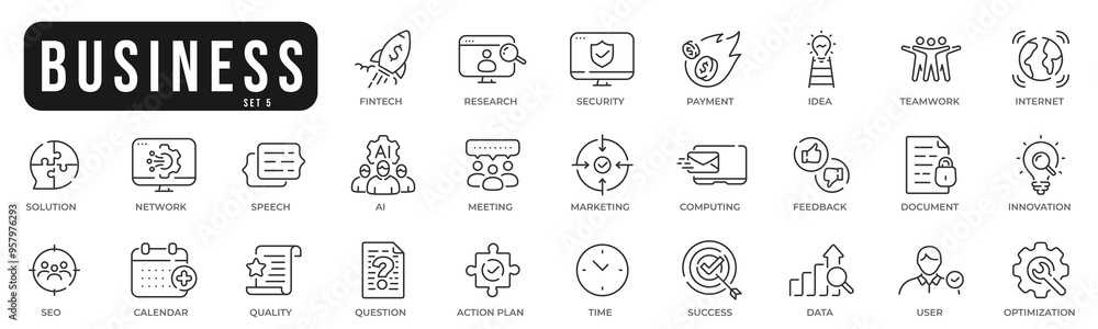 Business related original icons. Network, teamwork, payment, computing, seo, ai etc. Editable stroke. Set 5 Business related original icons. Network, teamwork, payment, computing, seo, ai etc. Editable stroke. Set 5