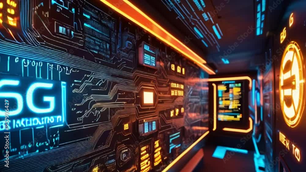 Futuristic digital interface with glowing neon 6G technology logo on dark background. Futuristic digital interface with glowing neon 6G technology logo on dark background.