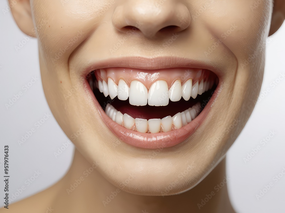 Obraz premium Perfect mouth with beautiful white teeth,Dental of teeth after treatment. Photo of teeth close up. Teeth whitening image. Treatment plan for new smile. Making bleach veneers. Dental photography