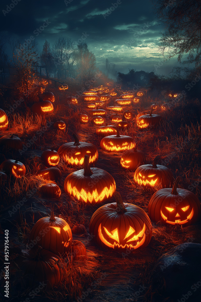 Halloween festival scene with giant carved pumpkins creating a maze-like pathway Halloween festival scene with giant carved pumpkins creating a maze-like pathway