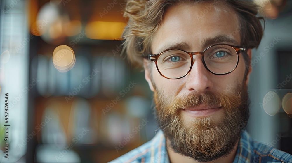 Close-up portrait of a smiling man with glasses and a beard Close-up portrait of a smiling man with glasses and a beard