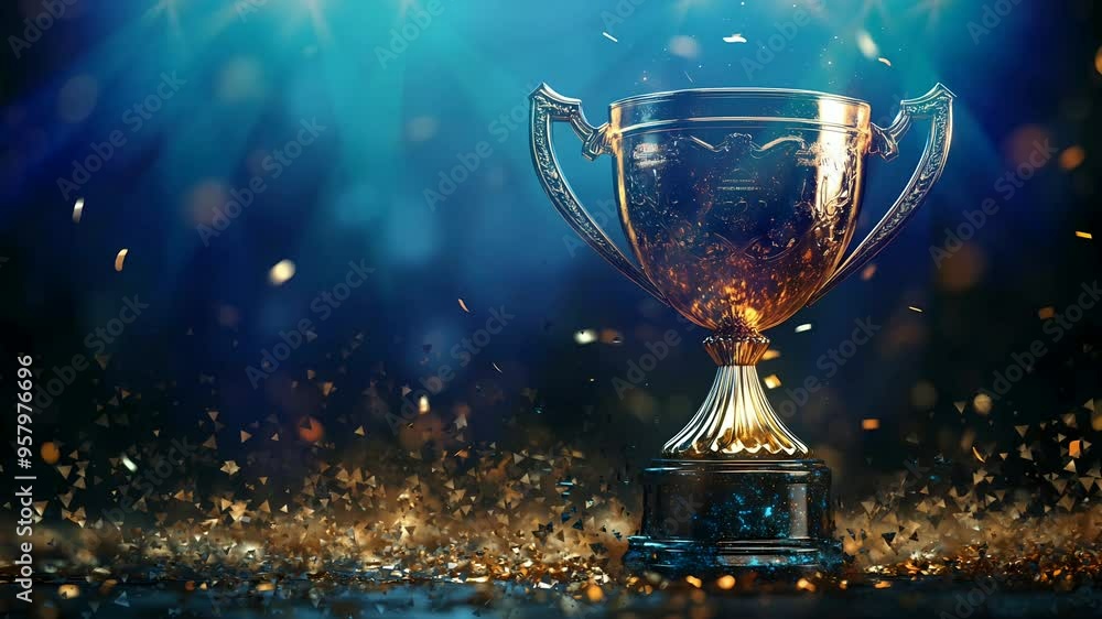 luxury Champion golden winners trophy cup with falling golden confetti on bokeh background
