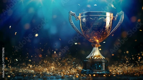luxury Champion golden winners trophy cup with falling golden confetti on bokeh background
