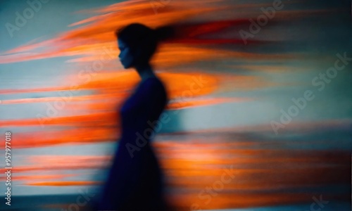 Blurry motion silhouette of a girl with long hair. ai generative #957977018