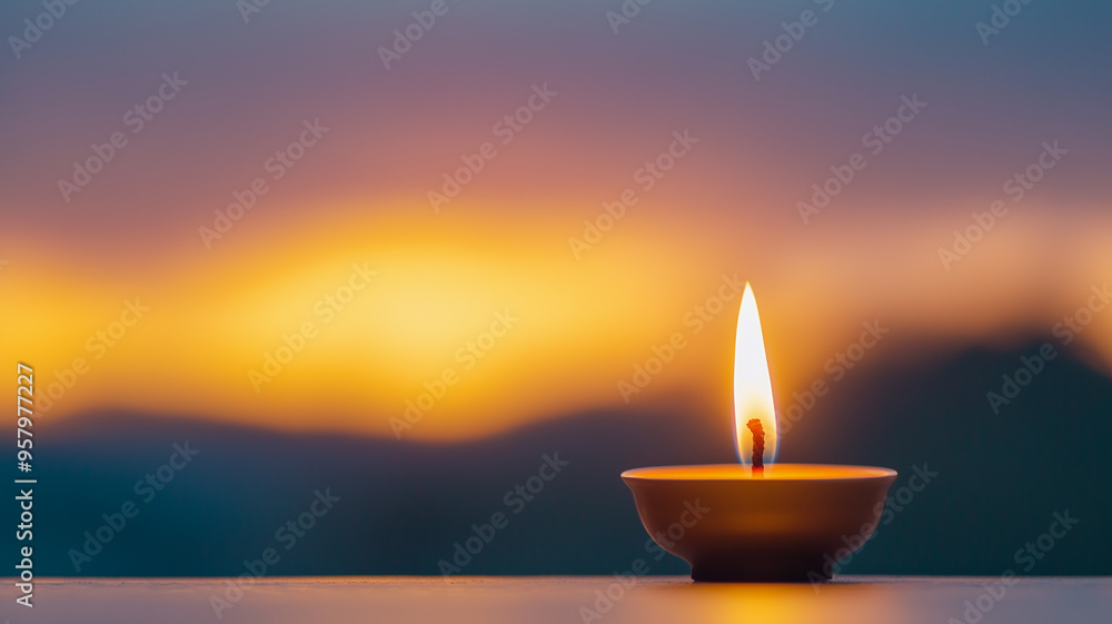 A single lit candle in focus, with a warm sunset and silhouetted mountains in the background. A single lit candle in focus, with a warm sunset and silhouetted mountains in the background.