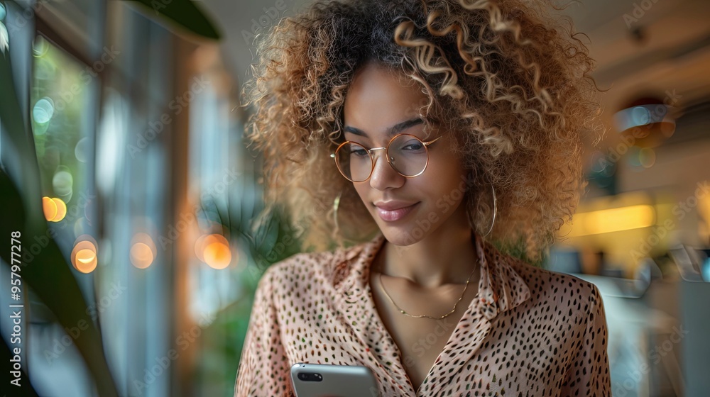 Young Woman with Curly Hair Uses Smartphone in Cafe