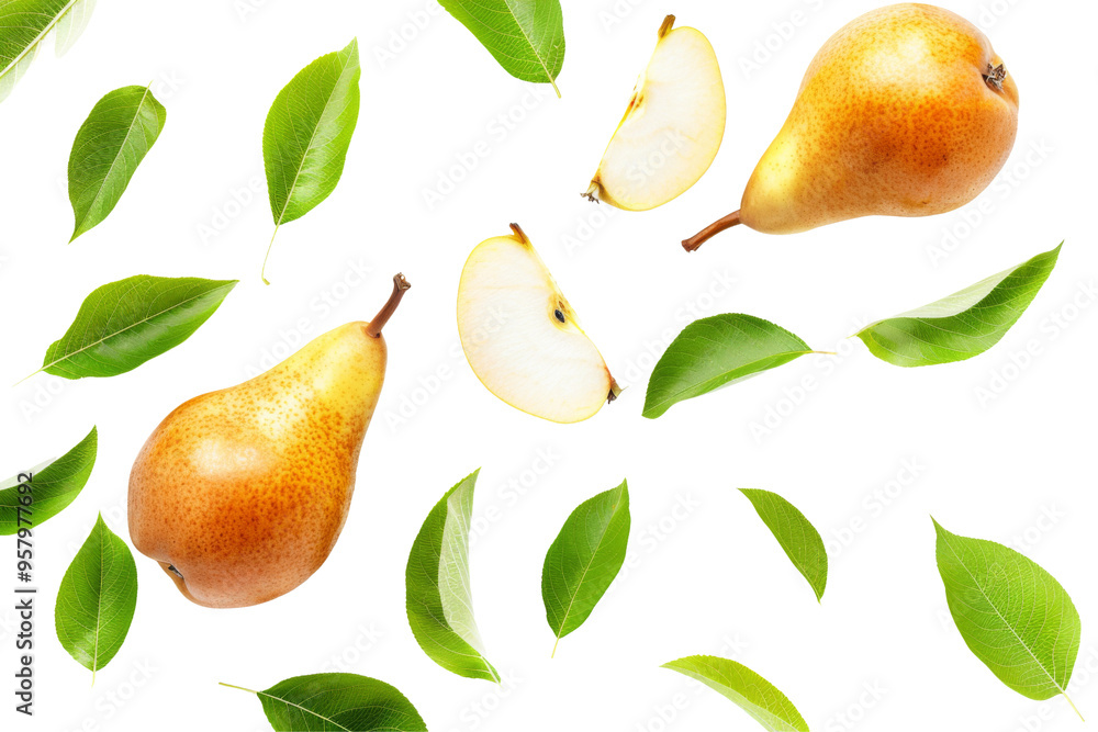 Ripe Fresh Pear fruit with half slice in the air with leaves isolated on white or transparent background Ripe Fresh Pear fruit with half slice in the air with leaves isolated on white or transparent background