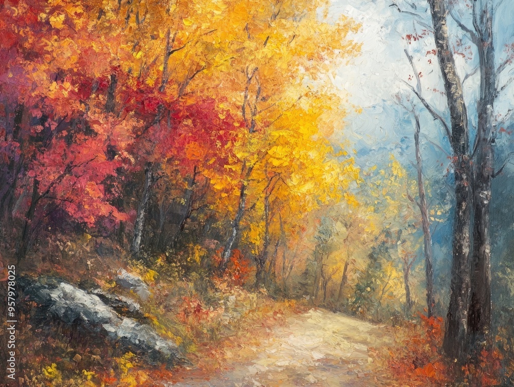 Oil painting depicting a forest slope during autumn showcasing vibrant fall colors and serene natural beauty Oil painting depicting a forest slope during autumn showcasing vibrant fall colors and serene natural beauty