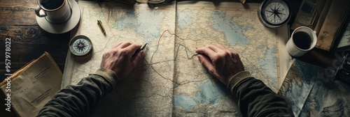 A pair of hands is tracing routes on a detailed map laid across a wooden table. A compass, coffee cup, and planning tools create a cozy exploration atmosphere photo