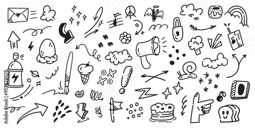 Creative Hand-Drawn Doodle Set | Playful Vector Scribbles, Symbols, and Sketches | Abstract Black and White Illustration for Design Projects