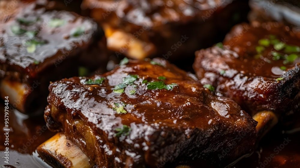 Delectable Beef Short Ribs with Savory Sauce in Close-Up View Delectable Beef Short Ribs with Savory Sauce in Close-Up View