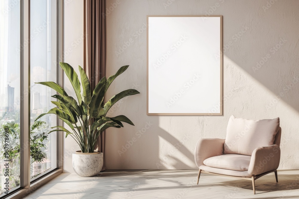 Fototapeta premium Poster Frame in Beige minimalist living room interior created with generative AI