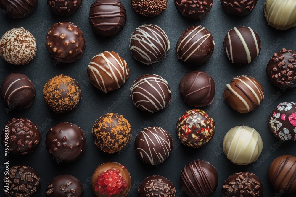 A mouthwatering image of assorted chocolate truffles arranged on a dark