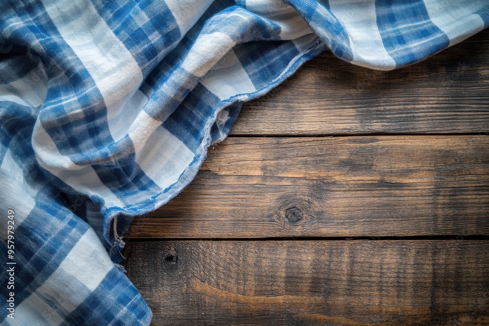 A rustic and cozy image showcasing a blue and white checkered cloth draped A rustic and cozy image showcasing a blue and white checkered cloth draped