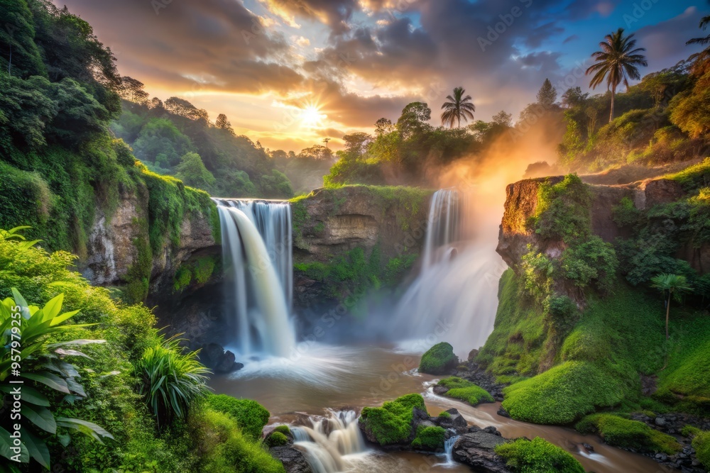 Fototapeta premium 3. Soft morning light accentuates the grandeur of Penimbungan Falls in the morning, with the waterfalls rushing down in misty veil.