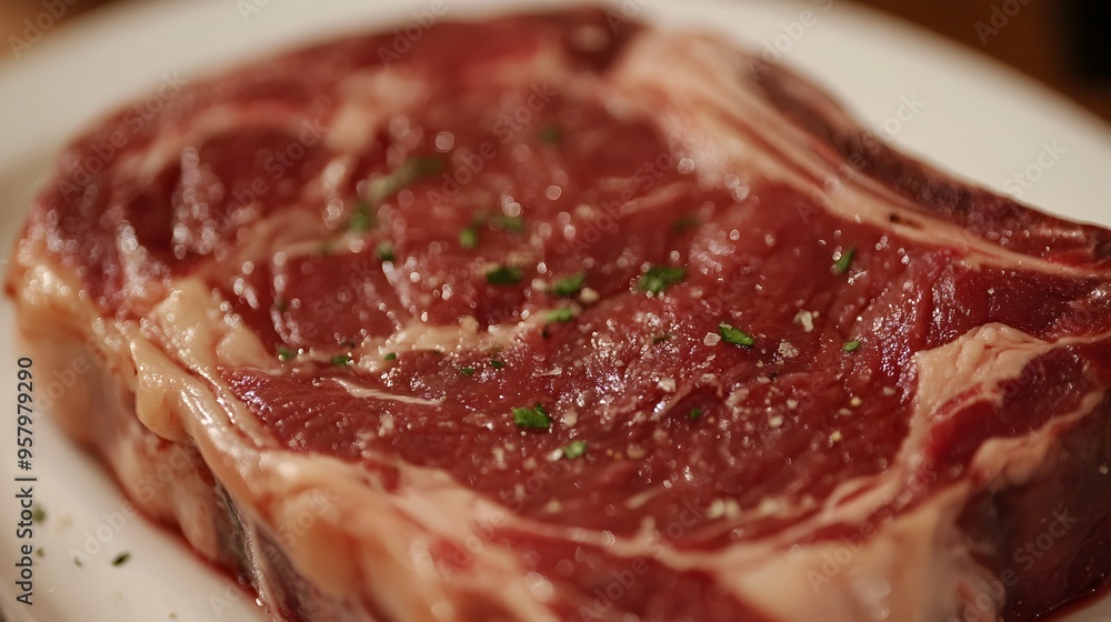 Close-up of Perfectly Seared Marbled Beef Ribeye Steak on Plate Close-up of Perfectly Seared Marbled Beef Ribeye Steak on Plate