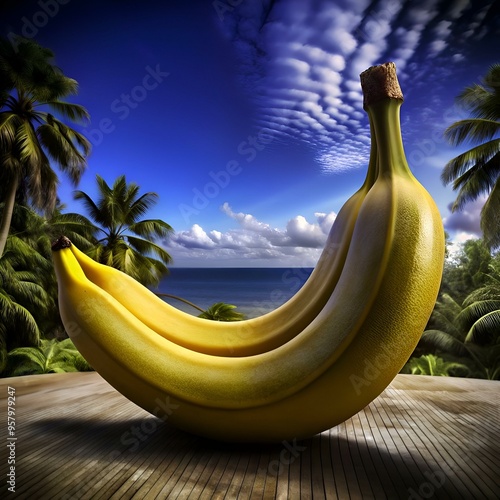 A vibrant 3D illustration of two bananas forming a heart shape against a stunning tropical backdrop. photo