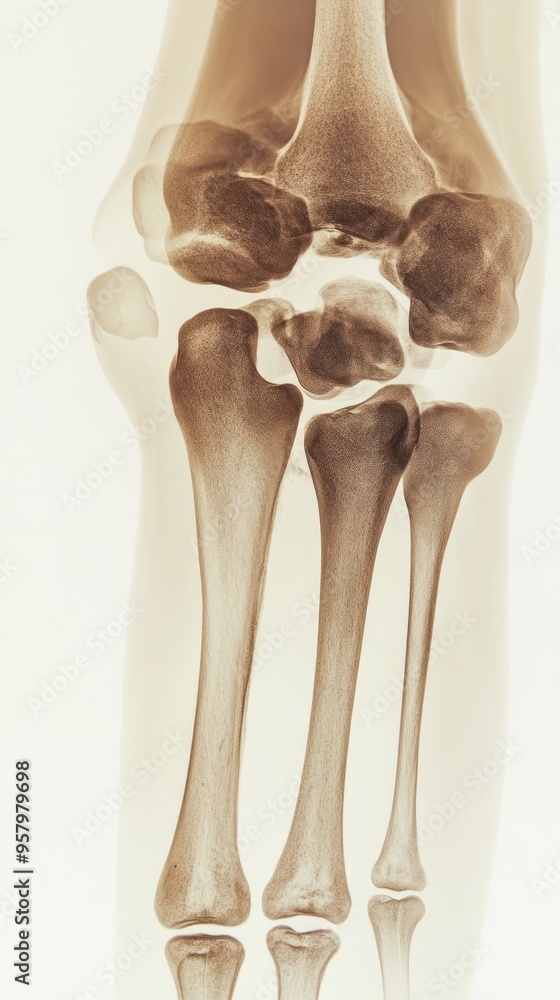 A black and white X-ray image of a human elbow joint. A black and white X-ray image of a human elbow joint.