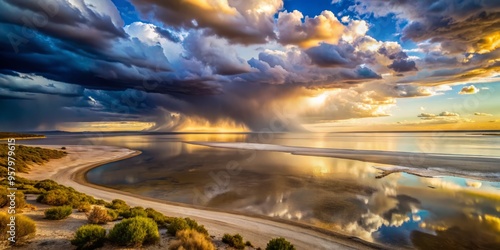 Lake Eyre in the evening with a sense of drama and atmosphere, using clouds and lighting to create a moody and evocative scene. photo