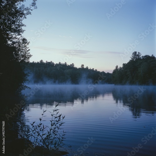 A panoramic view of a serene lake at dawn, with mist rising from the surface and the first rays of sunlight piercing through the dense forest in the background