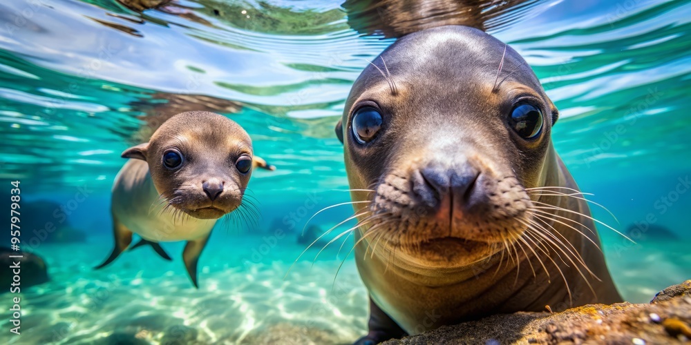Fototapeta premium Galapagos Islands in June a sea lion pup peeking out from behind its mother, both surrounded by crystal-clear turquoise waters.