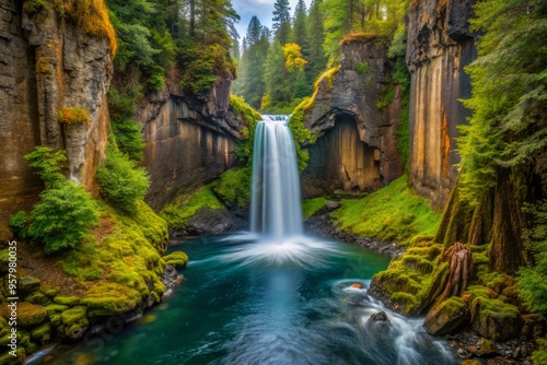 Toketee Falls after the rain, showcasing the intimate connection between the natural elements of water, rock, and vegetation. photo