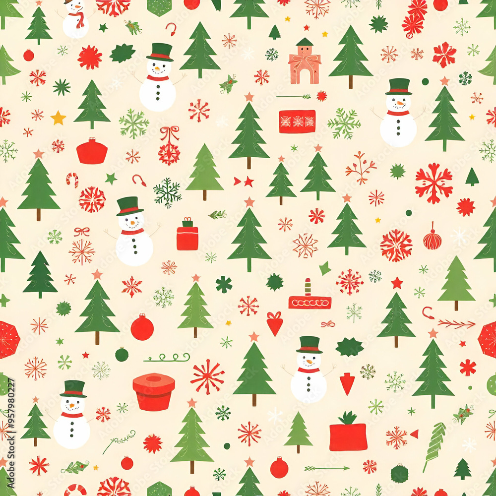 A seamless pattern with Christmas-themed elements including Christmas trees, and various shapes and symbols in shades of green, red, and white on a light beige background A seamless pattern with Christmas-themed elements including Christmas trees, and various shapes and symbols in shades of green, red, and white on a light beige background