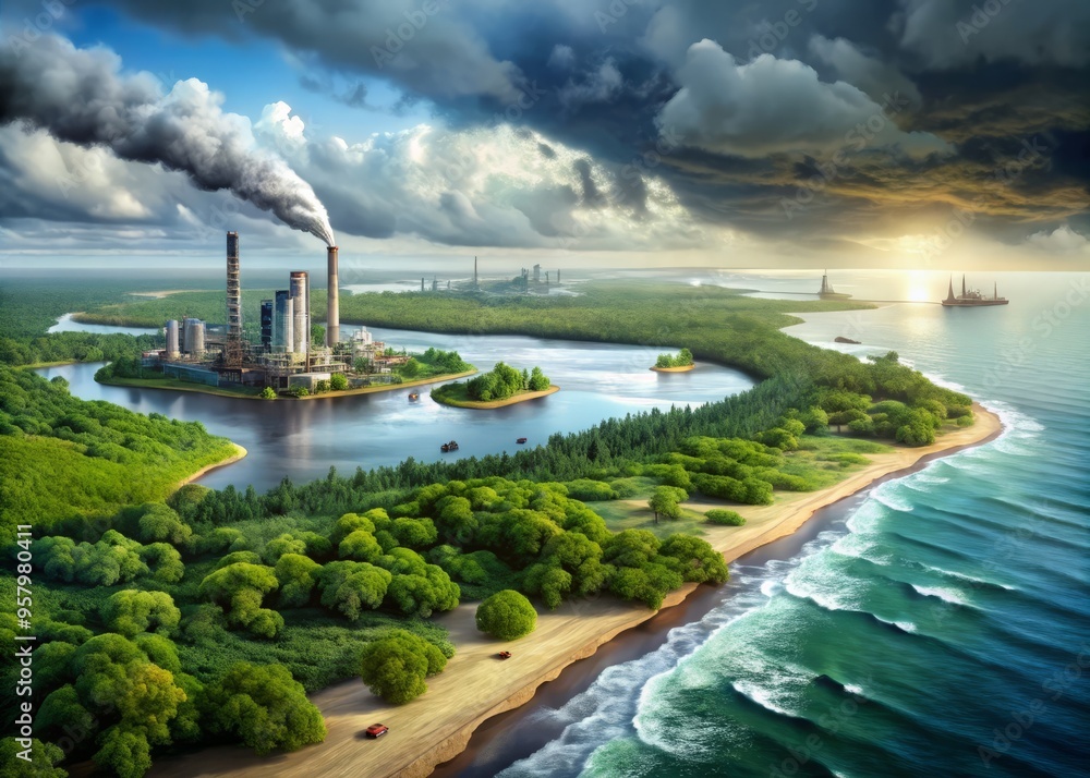 Fototapeta premium Nigerian Coast (Long coastline with mangrove forests and oil industry) on a cloudy day with a highly detailed, realistic rendering of the mangrove forests