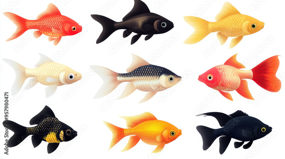 Naklejka premium Collection of freshwater aquarium fish with water bubbles and aquatic plants.