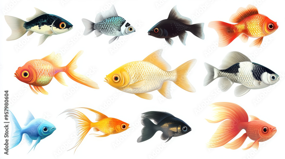 Fototapeta premium Collection of freshwater aquarium fish with water bubbles and aquatic plants.