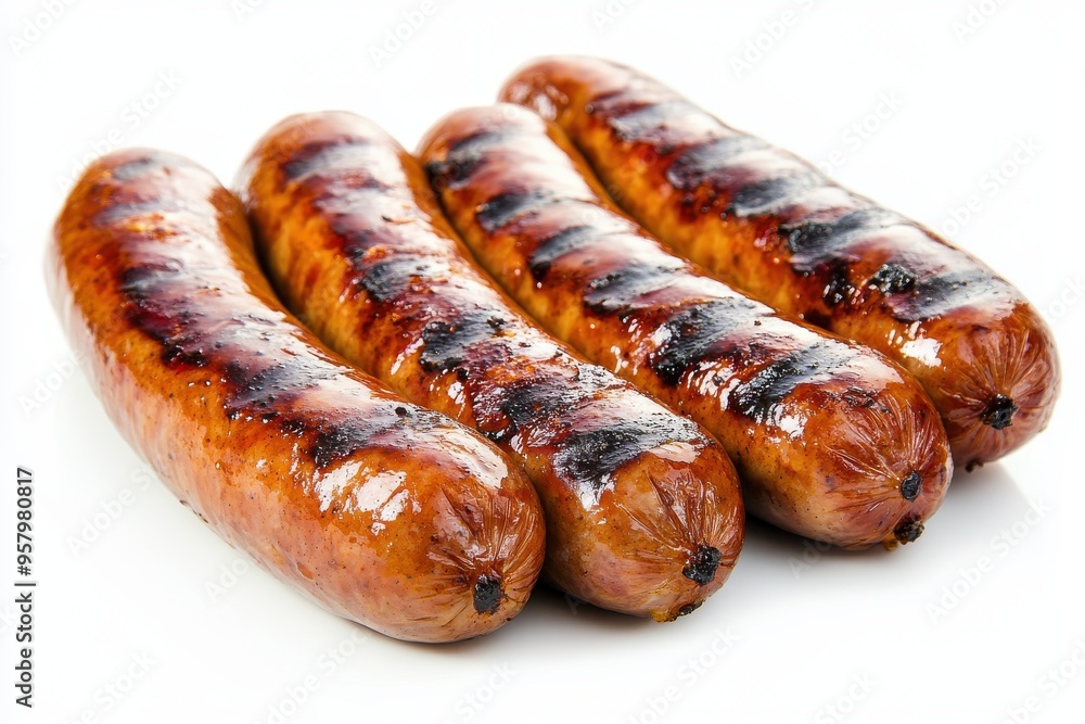 Four juicy grilled sausages with char marks arranged in a row on a white background Four juicy grilled sausages with char marks arranged in a row on a white background