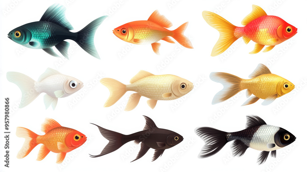 Naklejka premium Collection of freshwater aquarium fish with water bubbles and aquatic plants.