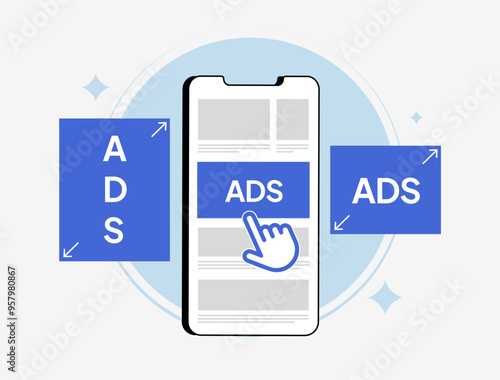 Mobile advertising - online native targeting ads strategy. Best mobile ad sizes and formats for maximizing impact. Vector illustration of programmatic advertising formats