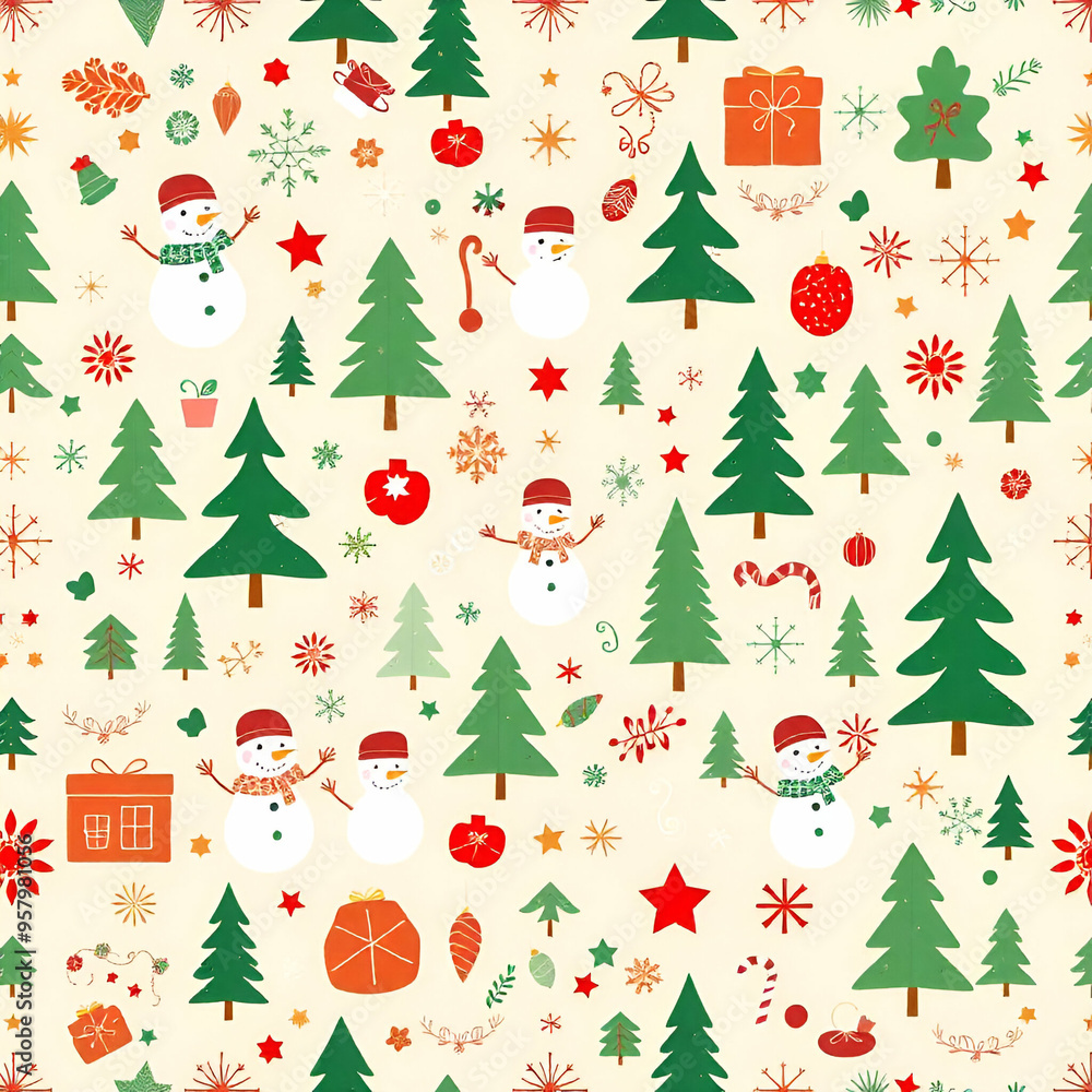 An unifying pattern that features Christmas-themed elements like snowmen, Christmas trees, and different shapes and symbols in green, red, and white on a light beige background An unifying pattern that features Christmas-themed elements like snowmen, Christmas trees, and different shapes and symbols in green, red, and white on a light beige background