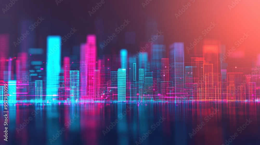 Futuristic Financial Modeling Holographic Skyline Visualization with Copy Space for Ultra HD Virtual Data, Selective Focus Futuristic Financial Modeling Holographic Skyline Visualization with Copy Space for Ultra HD Virtual Data, Selective Focus