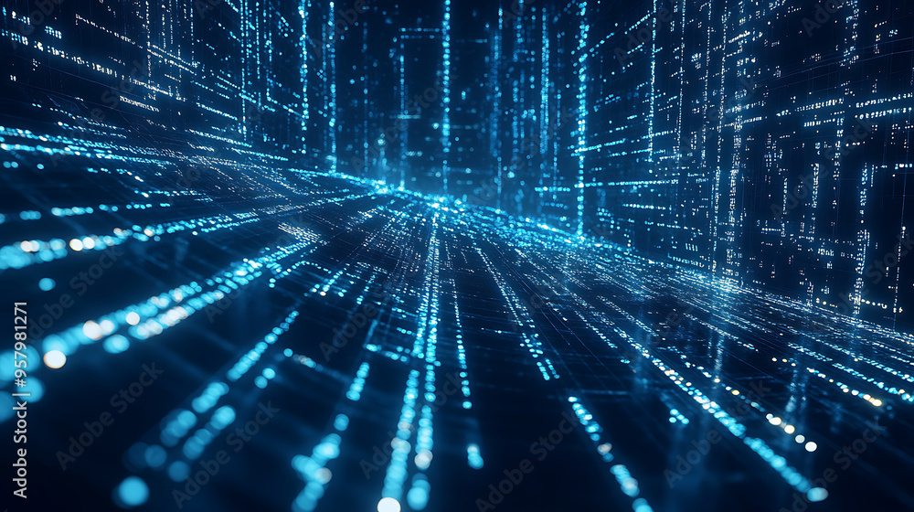 High-Tech Blue Digital Background with Matrix of Data Points and Glowing Lines Forming Intricate Patterns for Big Data and Advanced Technology High-Tech Blue Digital Background with Matrix of Data Points and Glowing Lines Forming Intricate Patterns for Big Data and Advanced Technology