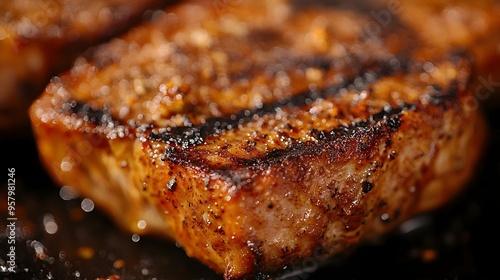 Closeup of Mouth-Watering Grilled Pork Chop with Crispy Crust and Char Marks