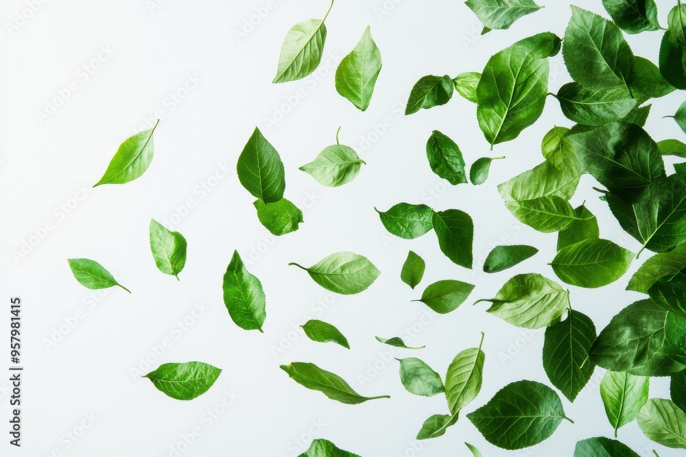 Green leaves scattered and floating in mid-air against a white background. Green leaves scattered and floating in mid-air against a white background.
